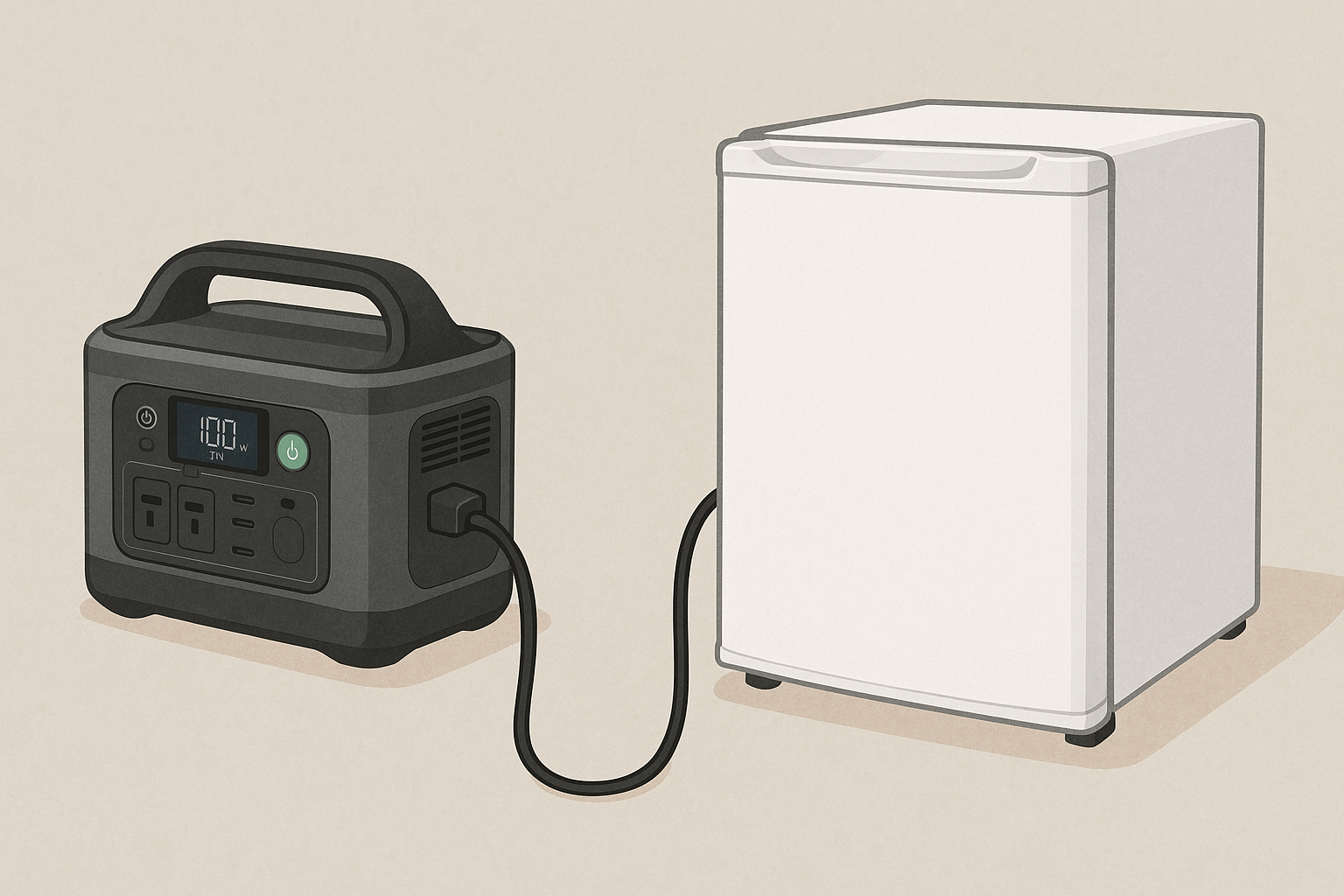 ポータブル電源と冷蔵庫を接続しているイラストイメージ