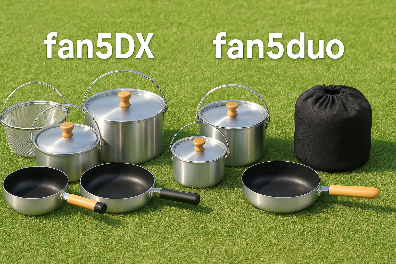 fan5DXとfan5duoを並べて比較している写真（芝生の上・収納状態）