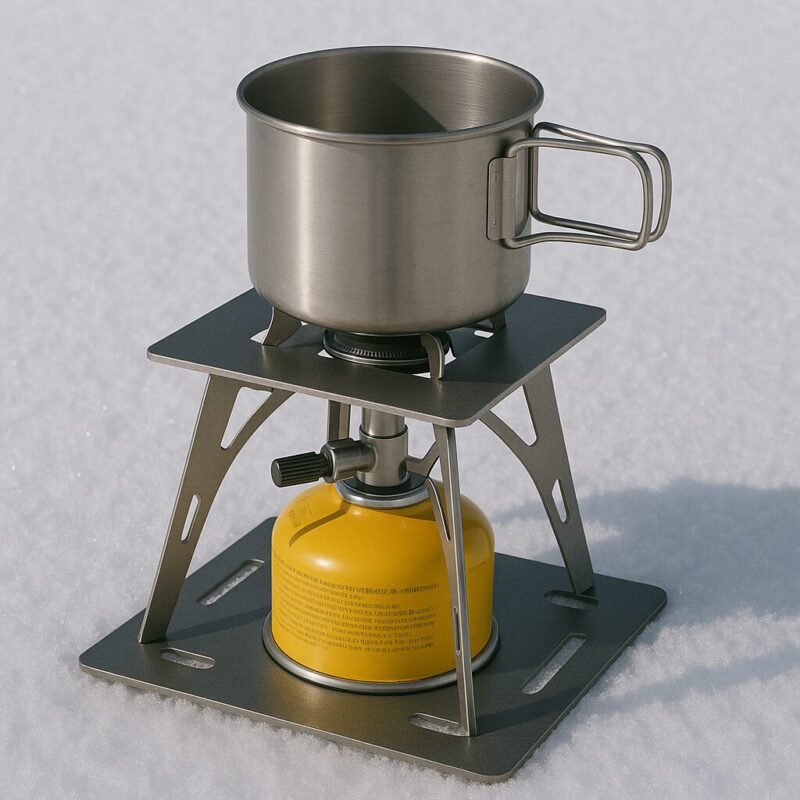 画像:雪上で安定性を増すためのスノープレートとバーナースタンド使用例