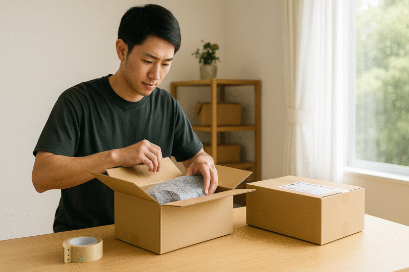 回収サービス：宅配便での発送準備をしているユーザー