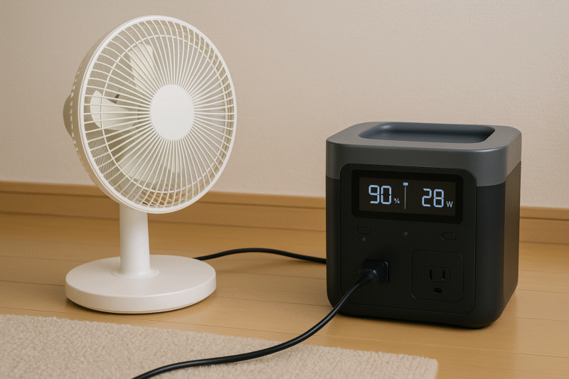 ポータブル電源でサーキュレーターや扇風機を動かしている様子と、稼働ワット数の表示(数値が見える構図)