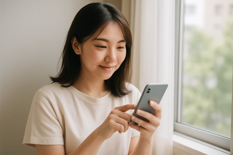 SNSやレビューサイトの口コミを窓際でスマホを眺めている様子
スマホ画面は見えない構図