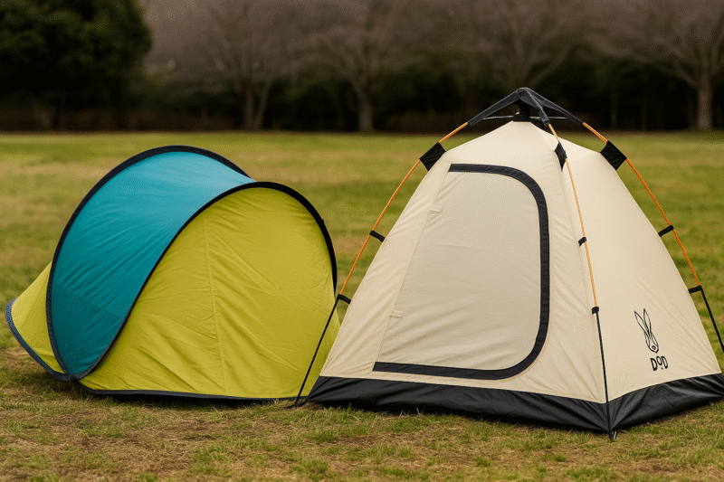左:風に煽られて倒れかけているポップアップテント右:安定して立つDODワンタッチテント