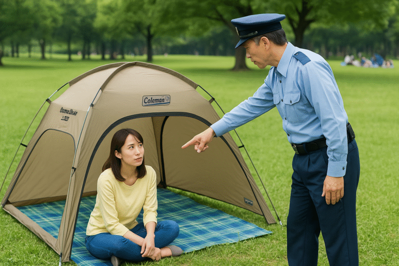 使用トラブル事例:管理者に撤去を求められている様子や注意されている場面の再現写真。