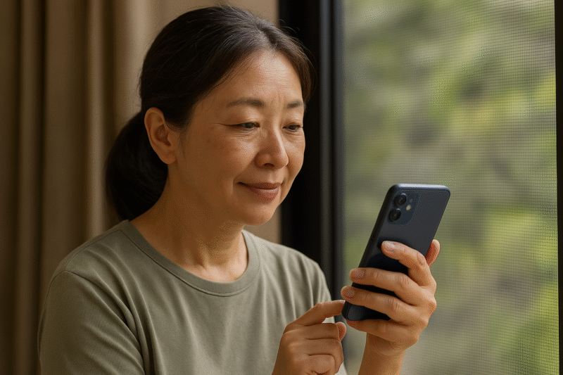 スマホで口コミを見ている女性の画像イメージ