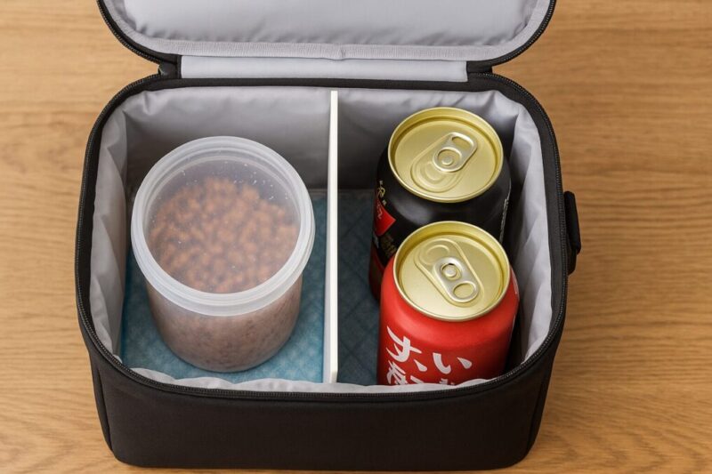 ソフトクーラー内部を仕切りで分け、左にエサ容器、右に飲料を置いた分離収納の例。