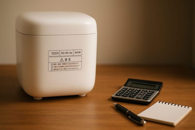 100V専用ミニ炊飯器の消費電力ラベルと計算用メモを確認している様子。