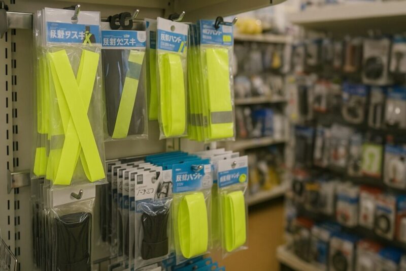 100円ショップの自転車用品コーナーに並んだ反射タスキと反射バンドの売り場イメージ。