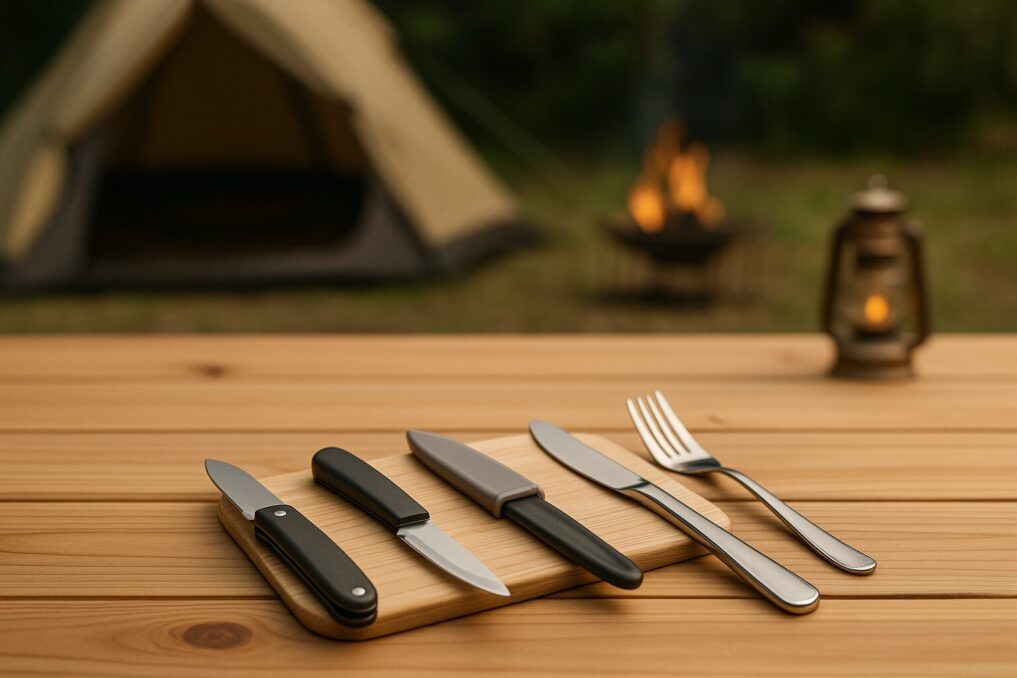 100均で揃えた折りたたみナイフとカトラリー、まな板を木目テーブルに並べたキャンプ調理のイメージ