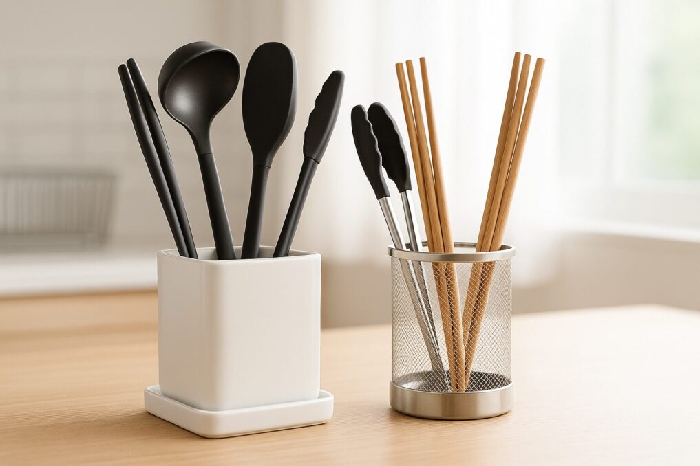 100均のキッチンツールスタンドを素材別に並べたイメージ。四角い陶器とワイヤー製ステンレスにお玉・トング・菜箸が入っている