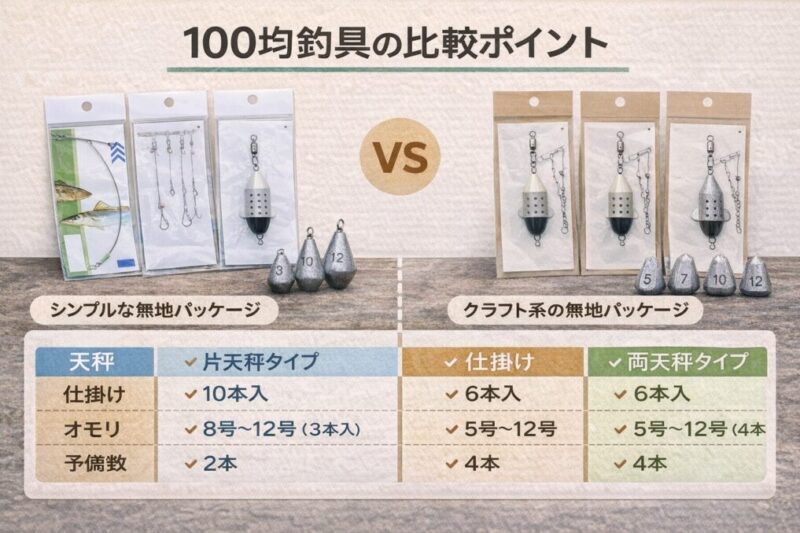 100均の釣り天秤や仕掛け、オモリ、予備数の違いを見比べる比較イメージ