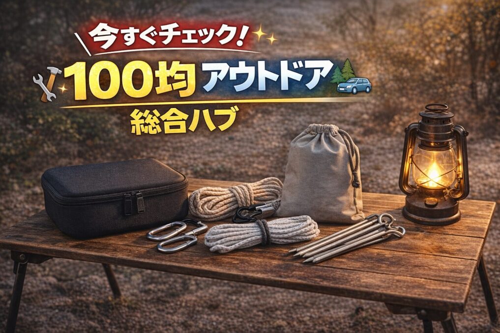 100均アウトドア用品（収納ケースやロープ等）を並べ「今すぐチェック！100均アウトドア総合ハブ」と入ったアイキャッチ画像