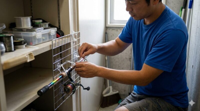 100均パーツで簡易的に作った釣竿収納の試作品