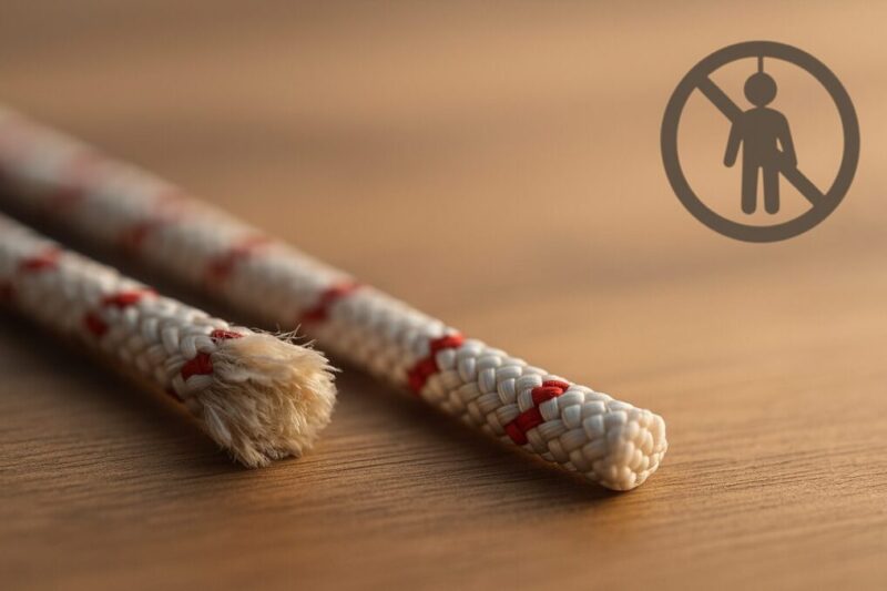 100均ロープの許容とNG例を示すため、新品と摩耗端を並べ、背景に吊り下げ禁止の抽象シルエットをぼかして置いた静物写真。