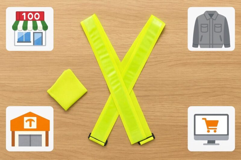 100均・ワークマン・ホームセンター・ネット通販の4チャネルと反射タスキを並べた、購入先の違いを示すイメージ。