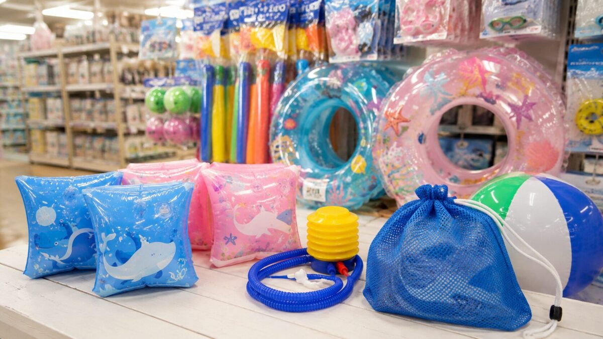 100均風の売り場で子ども用アームリングや浮き輪、水遊び用品を選ぶイメージ