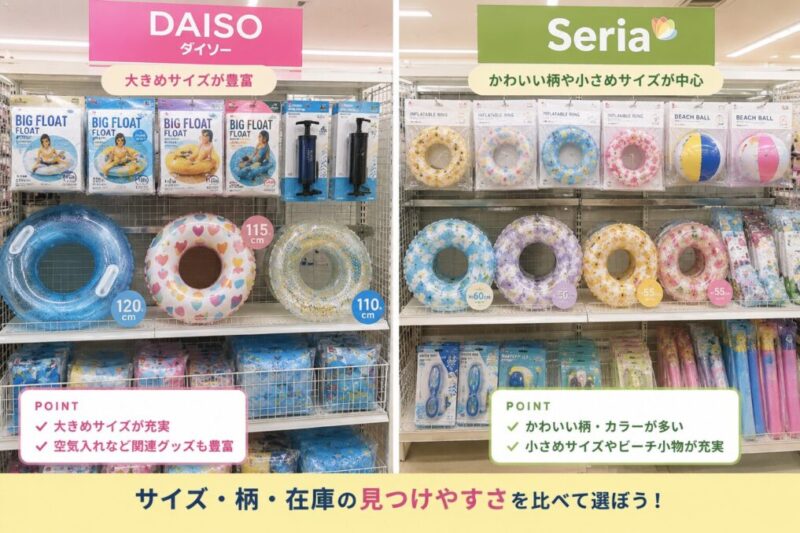 100均風の売り場で浮き輪のサイズや柄の違いを比較するイメージ
