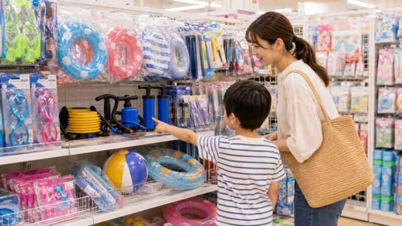 100均風の季節用品売り場で浮き輪用空気入れを探す親子