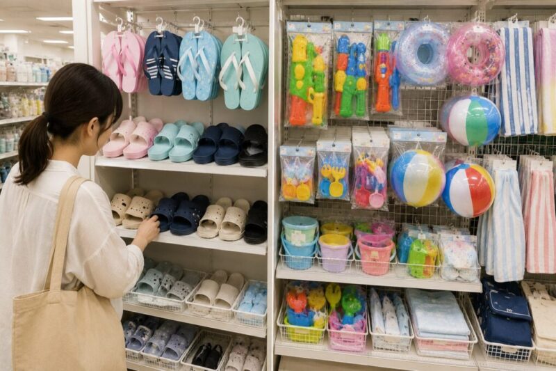100均風の小型店舗で水遊び用品と簡易サンダルを確認するイメージ