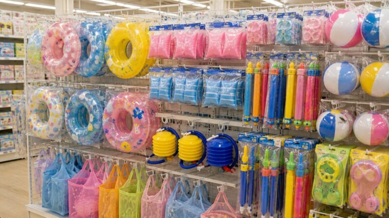 100均風の水遊び用品コーナーでアームリングや浮き輪を探すイメージ
