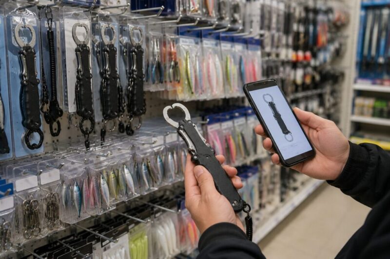 100均風の釣り具売り場とスマホでフィッシュグリップを探すイメージ