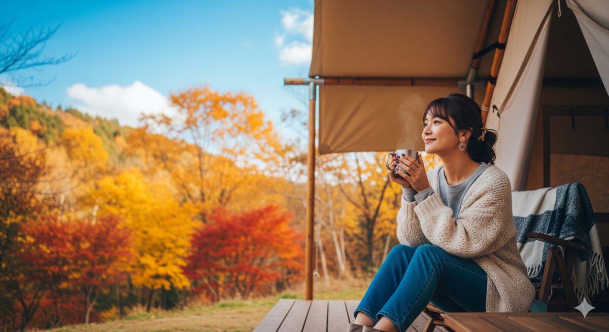 10月の清々しい空気の中、木製のデッキに置かれた椅子に座り、両手でマグカップを持つ女性の姿。
