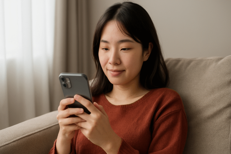 スマホで口コミを読んでいる女の人の画像
画面は映さずソファにもたれている