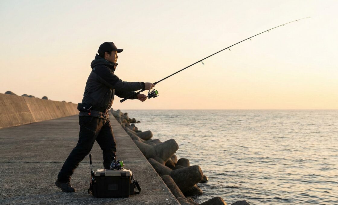 「堤防から無地のソルト用ルアーロッドでキャストするアングラーのイメージ」