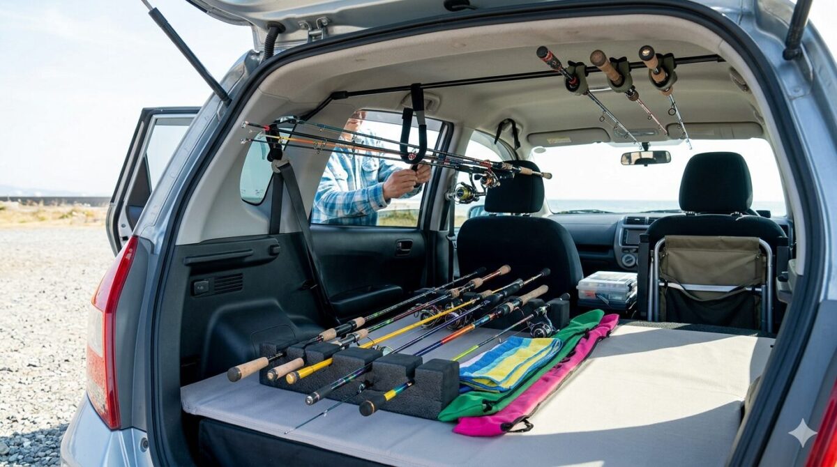 オープンにした車のバックドアから見える、天井や荷室に整然と収納された複数の釣竿と、準備をする釣り人の姿。