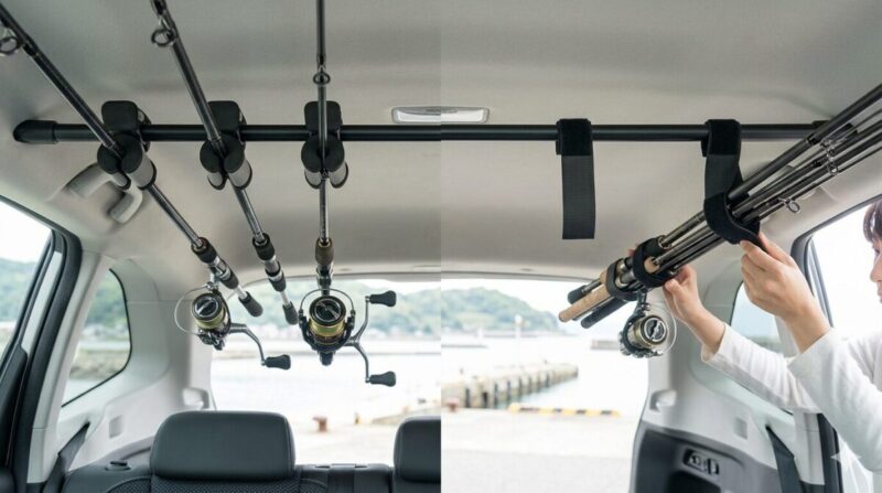 車内天井のバーに対して、片側はクリップで固定し、もう片側はベルトで束ねて吊るしている釣竿の比較。