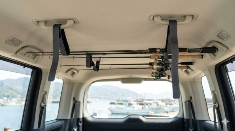 後部座席の左右にあるアシストグリップにベルトを通し、天井に沿わせる形で水平に保持された数本の釣竿。