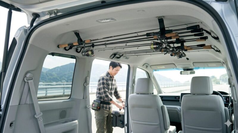 特別なフレームを組まず、車内既存の設備と簡易的なバーを組み合わせて釣竿を吊り下げている実用的な収納例。