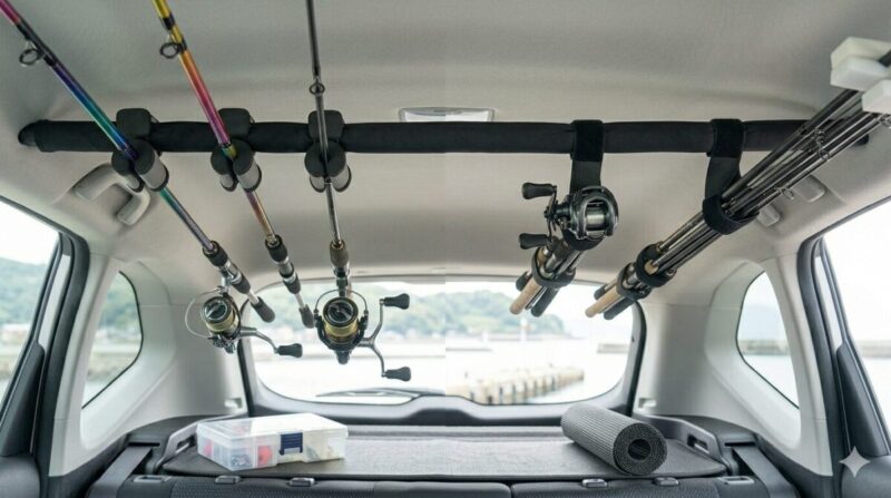 釣竿の穂先が当たらないよう空間を確保し、リール同士が接触しないよう互い違いに配置された丁寧な車内積載。