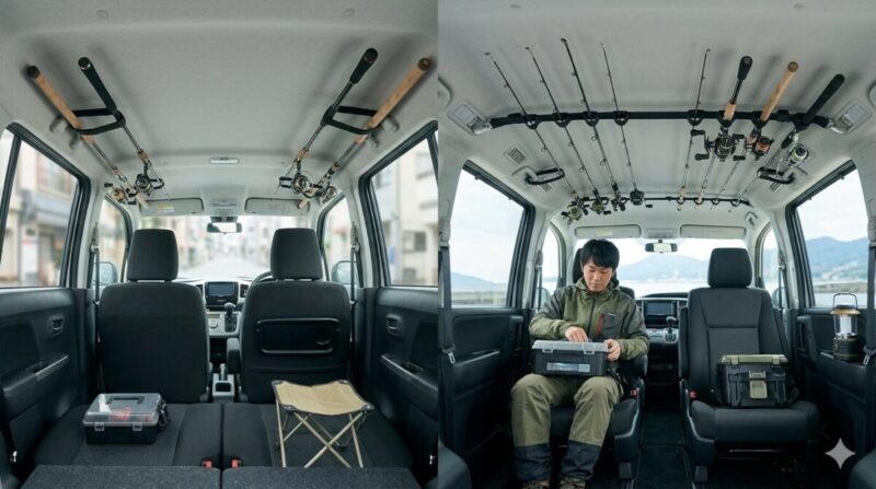 軽自動車の天井を活かしたコンパクトな収納と、ミニバンの広い室内を活かした余裕のある積載の比較。