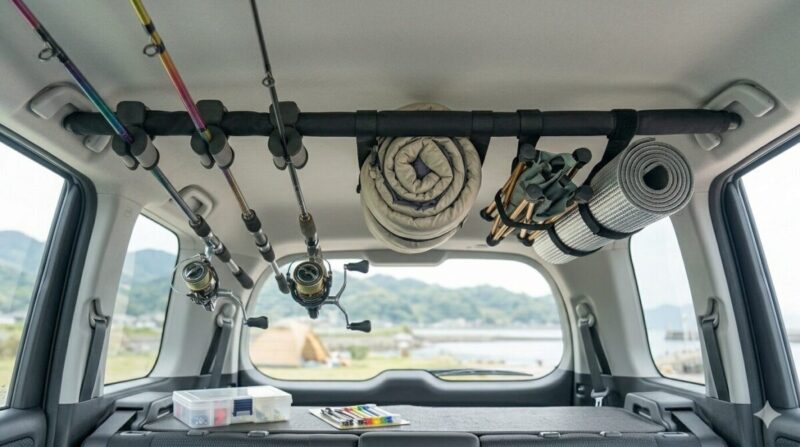 天井の収納スペースに釣竿だけでなく、丸めたマットやキャンプ用の小物を機能的に配置している車内。