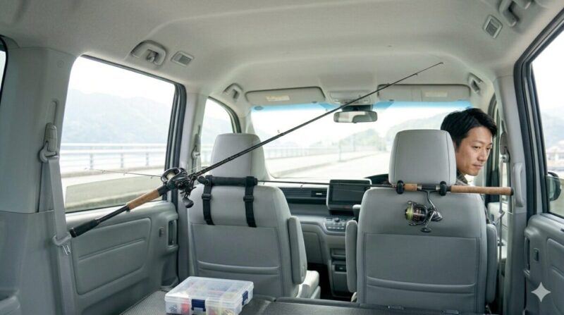 前後座席のヘッドレスト支柱に取り付けたホルダーで、リール付きの釣竿を安定させて保持している車内の様子。