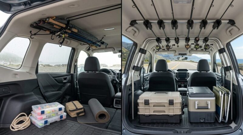 100均の面ファスナーベルトで手軽に整えた収納レイアウトと、専用設計の金属フレームに多機能なロッドホルダーを装着した本格的な車内積載を比較したイメージ。