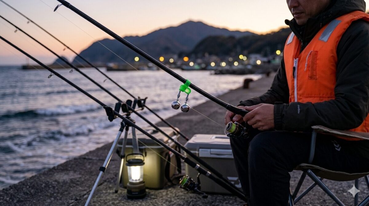 夕暮れの釣り場で竿先に鈴を付ける釣り人。