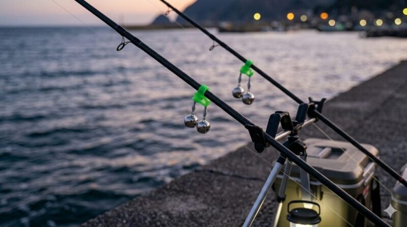 夕暮れの堤防でアタリを待つ置き竿の鈴。