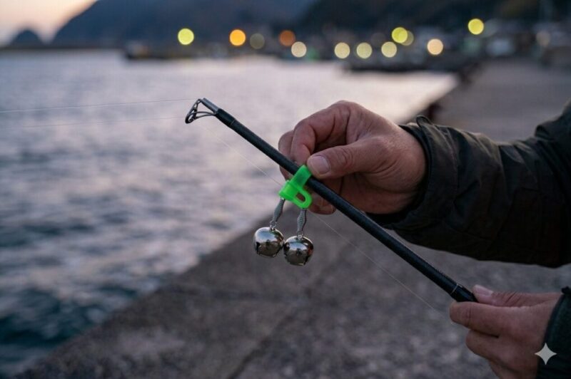 夜釣りで穂先に鈴を付ける釣り人。