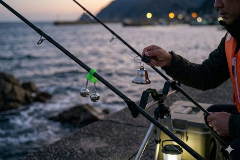夜釣りで竿先に鈴を付ける釣り人。