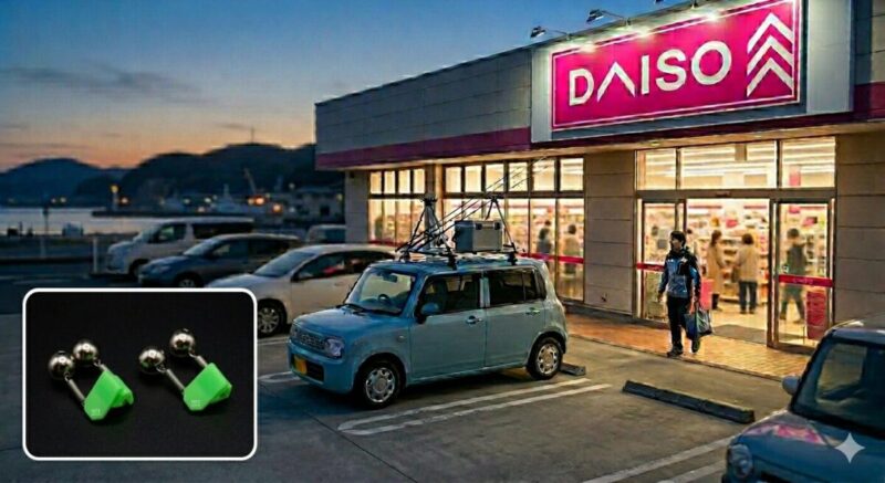 夕暮れのダイソー店舗外観と釣り人の軽自動車。