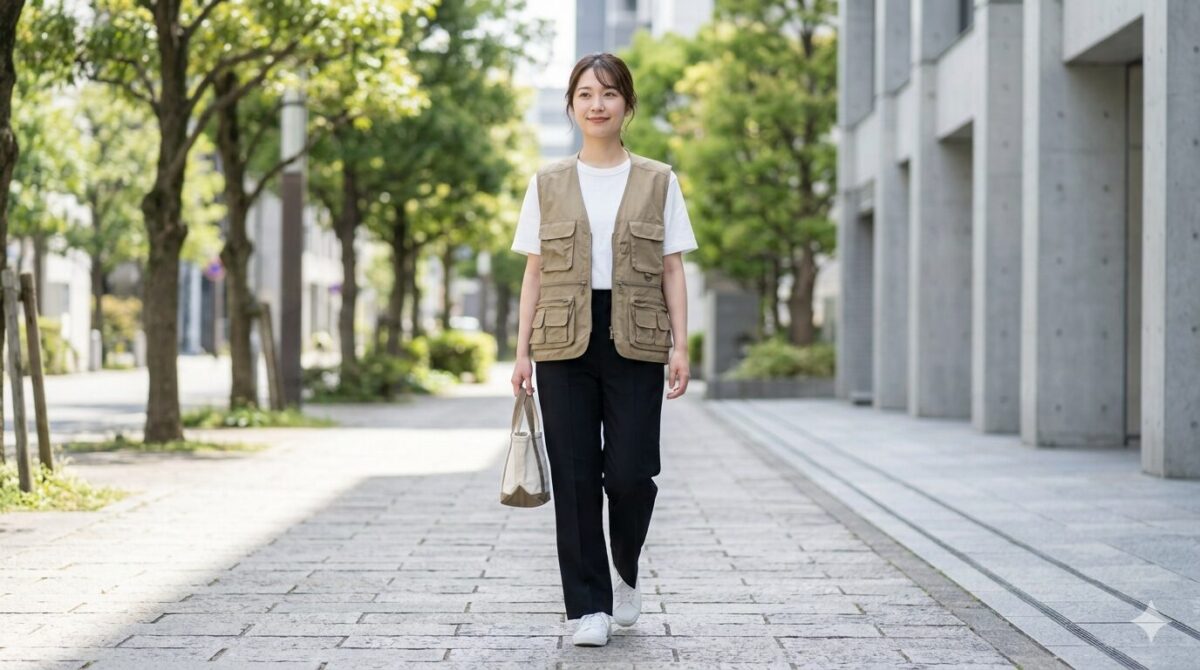 街でも外遊びでも使いやすいカーキの釣りベストコーデの全身イメージ