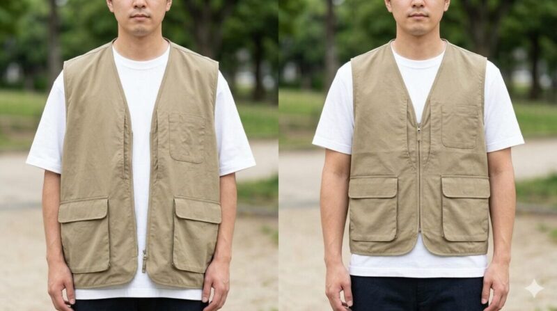 釣りベストのサイズ感による見え方の違いを比較したイメージ