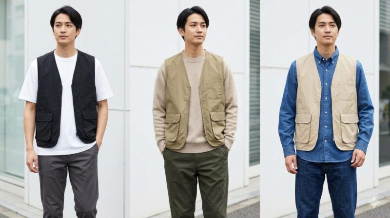 黒カーキベージュの釣りベストを比較した街着コーデ例