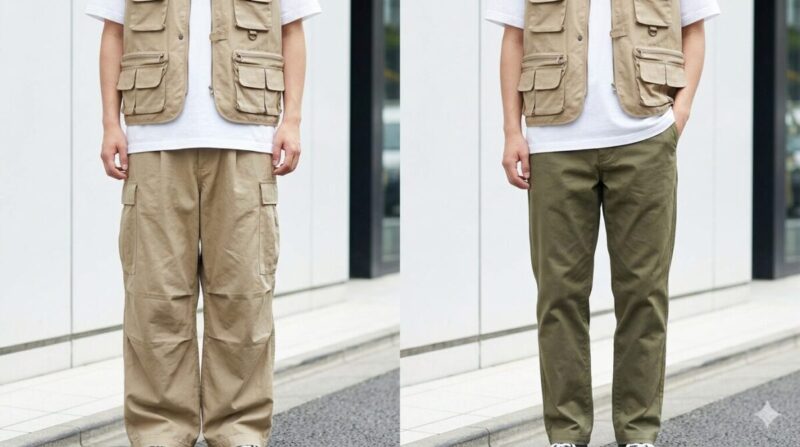 メンズの釣りベストに合うパンツの太さを比較したイメージ