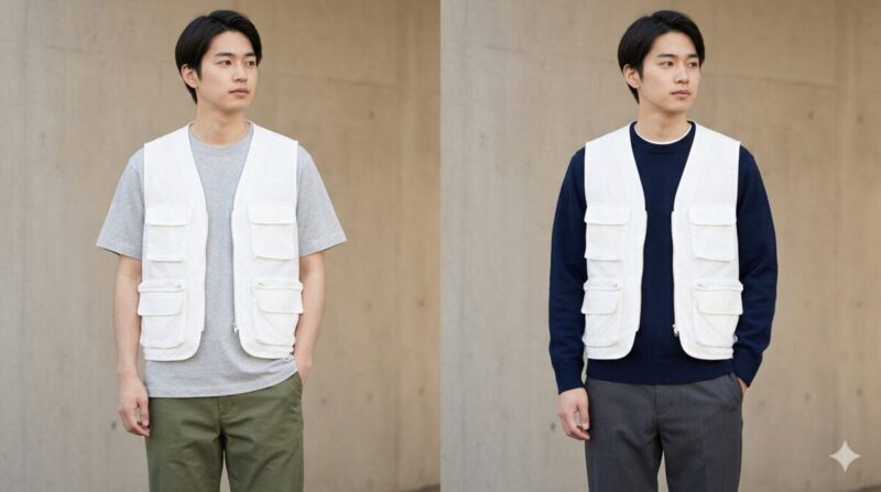 白のフィッシングベストをすっきり見せる配色例
