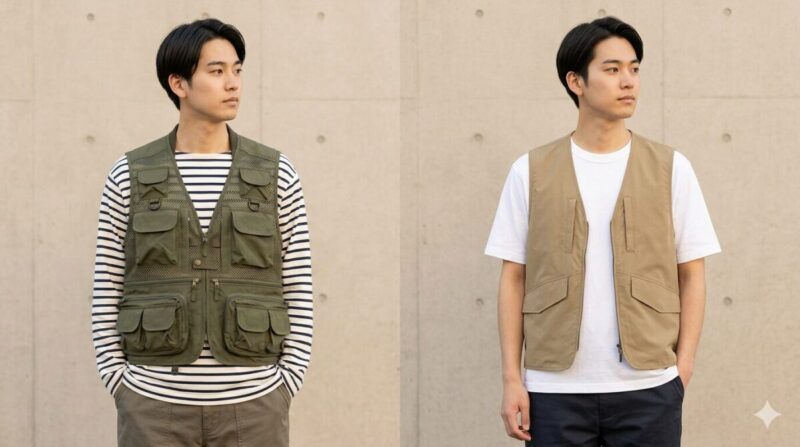 実用型と街着型のフィッシングベストの違いを比較したイメージ