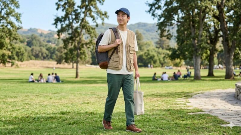 キャンプや旅行にもなじむカーキの釣りベストコーデの全身イメージ