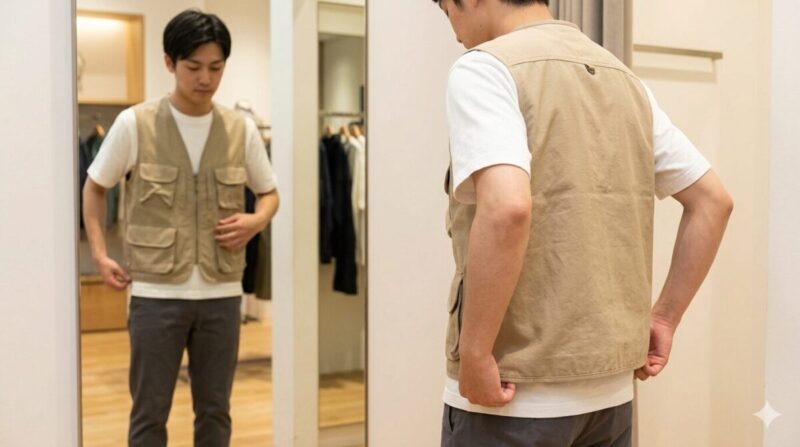 購入前に確認したい釣りベストの丈感とポケット配置の着用イメージ